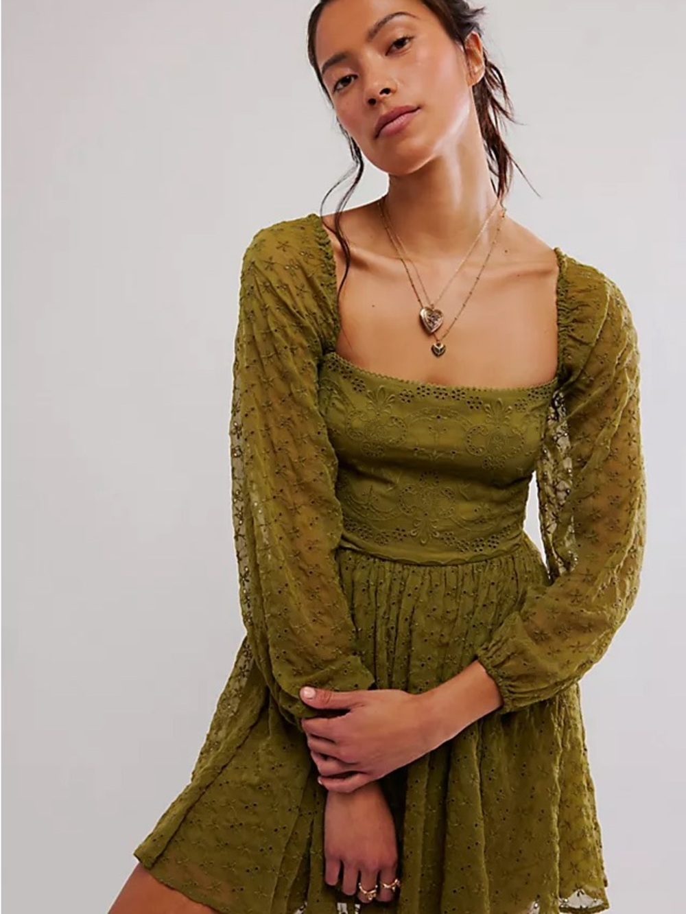Free People Olive Green Lace Mini Dress with Sheer Long Sleeves